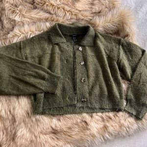 Forever 21 green fuzzy crop sweater cardigan